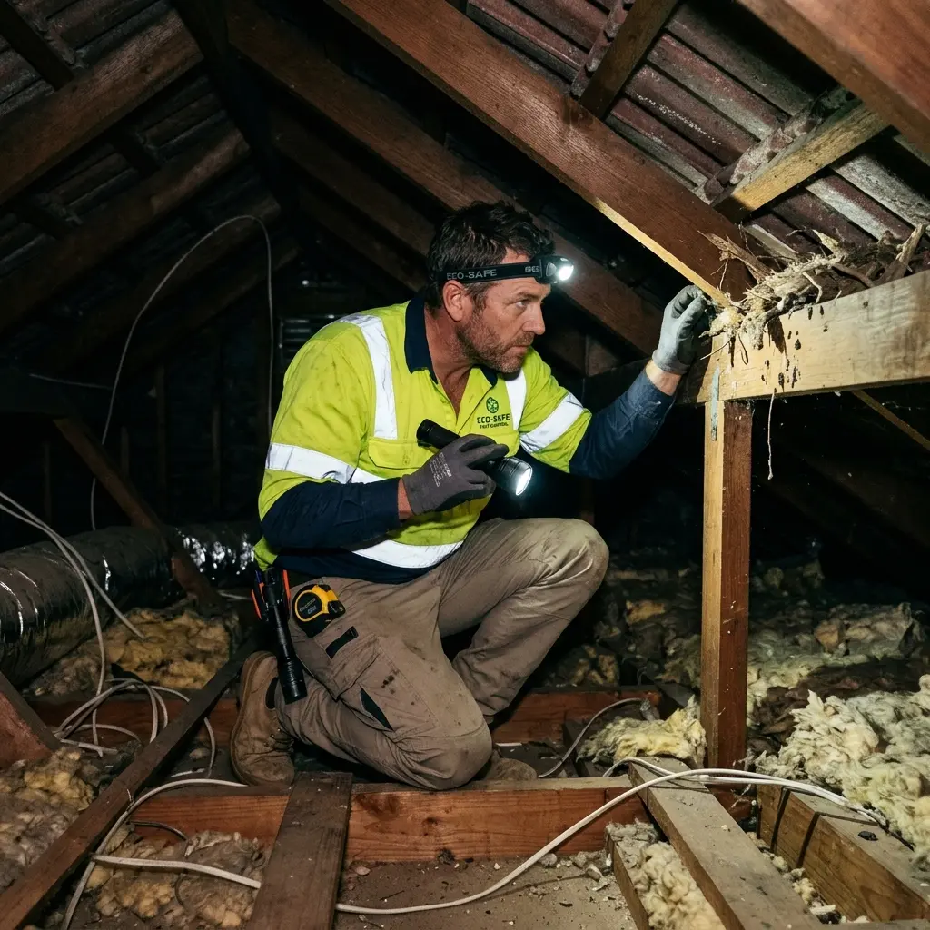 Technician inspecting a roof cavity for a dead animal in Gheringhap