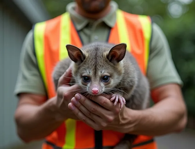 Animal handler safely recovering a deceased possum in Gheringhap